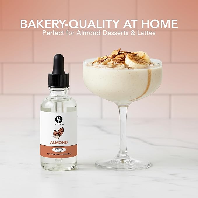 Dolce Flav Natural Almond Extract – 2 Ounce Water-Soluble Kosher, Sugar-Free, Concentrated Pure Almond Flavoring for Baking, Pastries & Beverages, Includes Measured Dropper