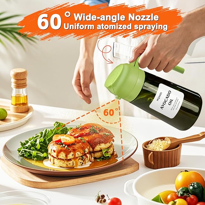2 in 1 Glass Oil Sprayer & Dispenser,16oz/470ml Olive Cooking, Air Fryer, and Salad, for Kitchen Gadgets and Air Fryer Accessories, w/Stickers (White + Dark Green Bottle1)