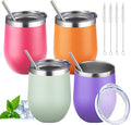 12oz Stemless Wine Tumbler with Lid Double Wall Insulated Wine Cup Stainless Steel Glasses Tumbler with Straw Insulated cocktail Tumbler Coffee Mug for Hot and Cold Beverages (Multicolor-6,4Pack)