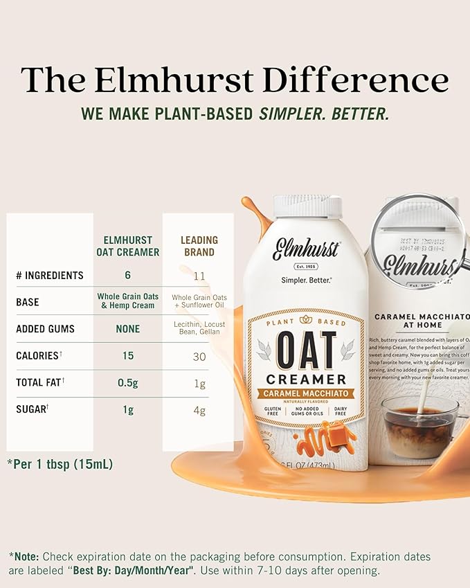Elmhurst 1925 Caramel Macchiato Oat Creamer - 16 Ounce (Pack of 6) Dairy-Free, Vegan, Kosher, Low Sugar, Shelf Stable Creamer Made with Oat Grains & Caramel for Simpler Plant Based Alternatives