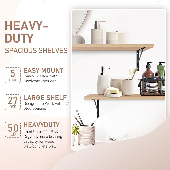 Kaboon 27 inch Long 10 inch Deep Floating Shelves for Wall Set of 2, Large Open Shelves Wall Mounted, Space Saving Home and Commercial Use, Light Walnut