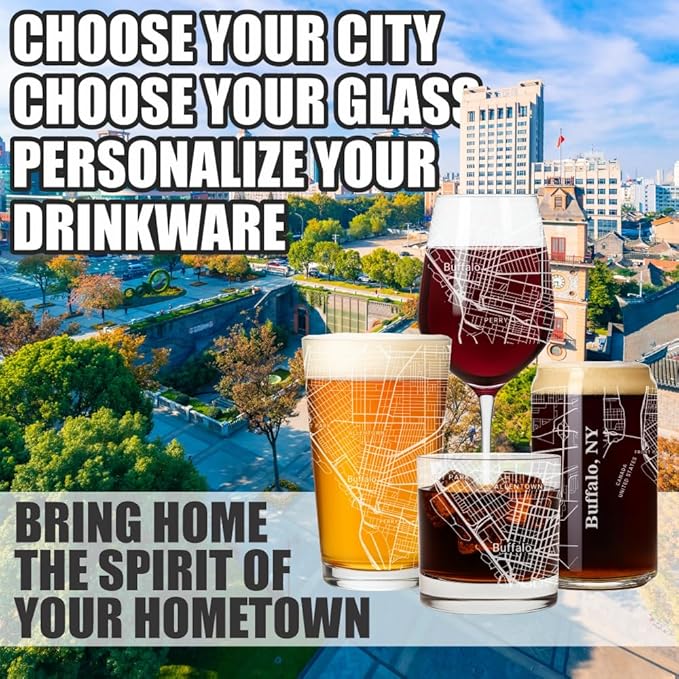 Blue Ridge Mountain Gifts - Buffalo Souvenir - New York Glassware Gift, Etched City Map, Laser Engraved and Dishwasher Safe