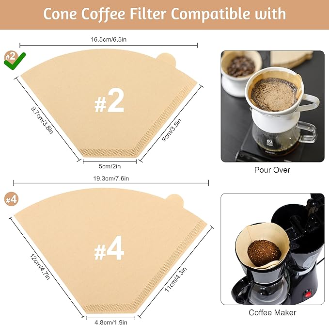 Coffee Filters 2, Set of 200 Disposable #2 Cone Coffee Filter Unbleached Natural Coffee Filters 2 Cone Paper for Pour Over Coffer Makers/Coffee Dripper Cones(2-6 Cups）