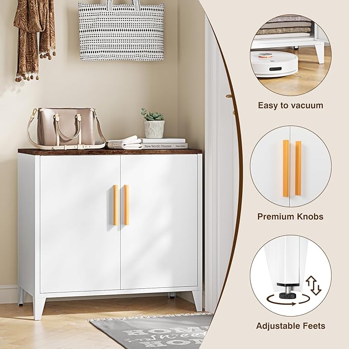 Letaya Metal Storage Cabinet with 2 Doors and Shelves 16" Dx 32" Wx30 H,Small Buffet Sideboard Short Cabinet for Kitchen Dining,Office Credenza Locker Modern Coffee Bar,Entryway Bathroom(White)