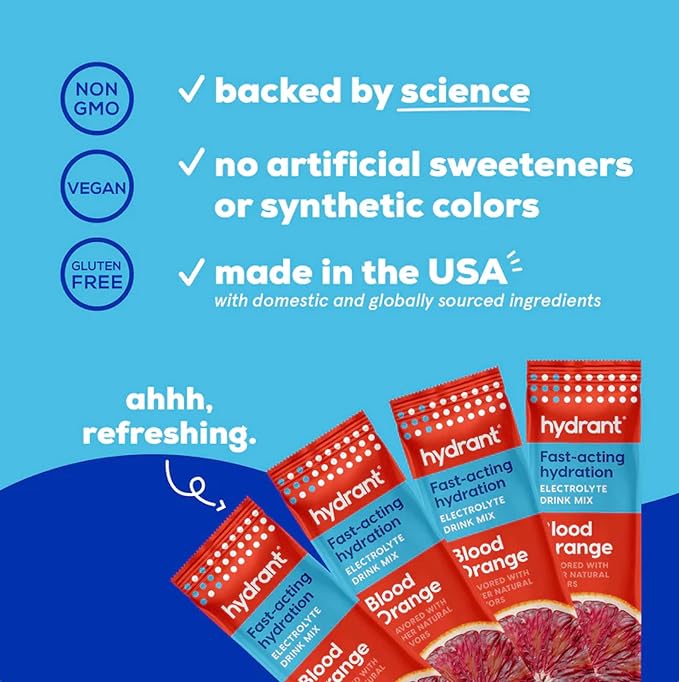 Hydrant - Hydration Powder, Blood Orange Flavor, 30 Individual Instant Electrolyte Rehydration Packets - Low Sugar Drink Mix for Daily Use, Travel & Workouts