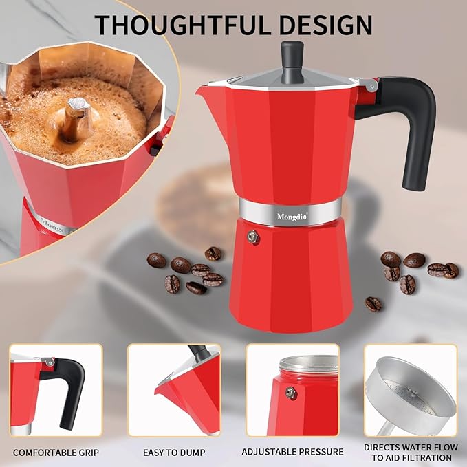 Mongdio Stovetop Espresso Maker Moka Pot, Stove Top Cuban Coffee Maker, Italian Greca Mocha Pot, 12 Espresso Cups, 20 oz - Red