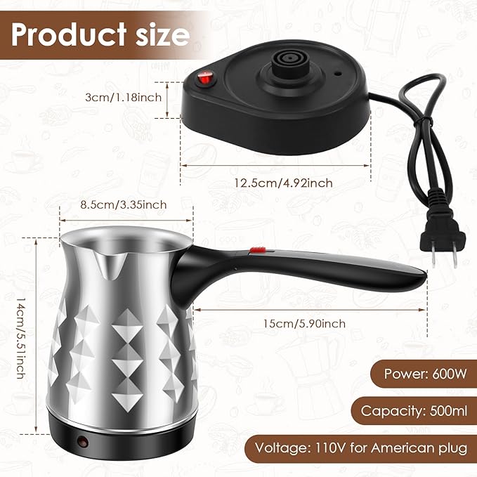 Turkish Coffee Maker, Stainless Steel 500ml Turkish Coffee Machine with Folding Handle, 5 to 6 Cups Capacity Turkish Coffee Pot, Electric Coffee Tea Warmer Kettle for Home Travel (Diamond)