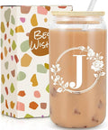 Birthday Gifts for Women, Monogrammed Initial Glass Cup Personalized Gifts for Women, 16oz Glass Cups with Lids and Straws, Iced Coffee Cup, Beer Can Shaped Glass - Gifts for Christmas, Birthday, J