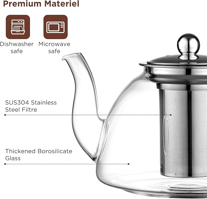 Glass Teapot, 1300ml/44 oz Stovetop Safe Glass Teapot with Removable Stainless Infuser for Loose Leaf Tea, Hot/Iced Water, Juice Beverage