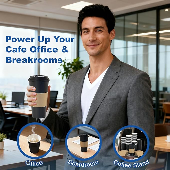 16 oz Coffee Cups + 16 Extra Cups Bulk Disposable To-Go Paper Cups with Lids and Sleeves for Hot Beverage, Chocolate, Cocoa, Office Supplies, Coffee Bar Accessories (100 Pack + 16 Extra Cups, Black)