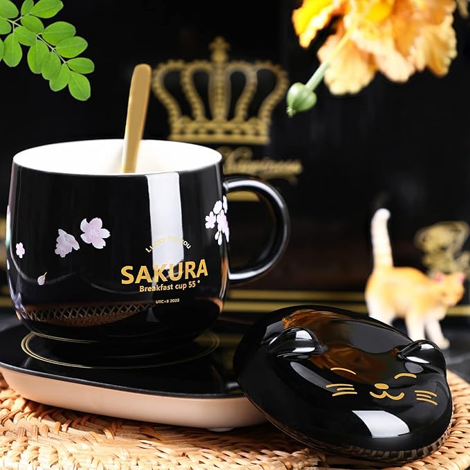 Honeydak Coffee Mug Warmer Cute Cat Mug Set Cup Warmer for Desk for Women Heated Coffee Warmer for Mom Home Office Christmas Birthday Gifts(Black)