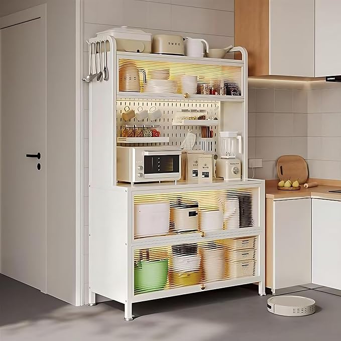 Bakers Rack with Wheels, 5-Tier Coffee Bar with Wheels, Microwave Stand with Storage, Kitchen Shelves for Kitchen Pantry, Storage Room, White