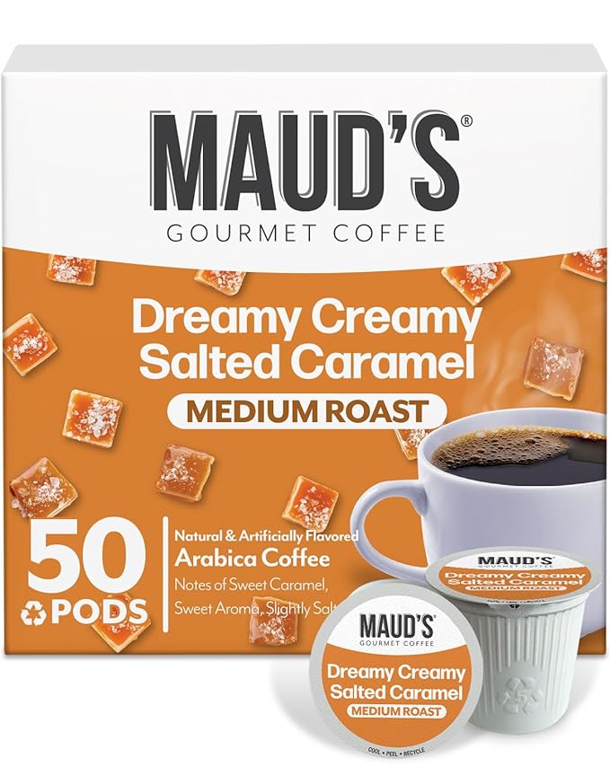 Maud's Salted Caramel Flavored Coffee Pods, 50ct, Medium Roast Flavored Coffee in Recyclable Single Serve Pods – 100% Arabica Beans, Compatible with Keurig K Cups Maker