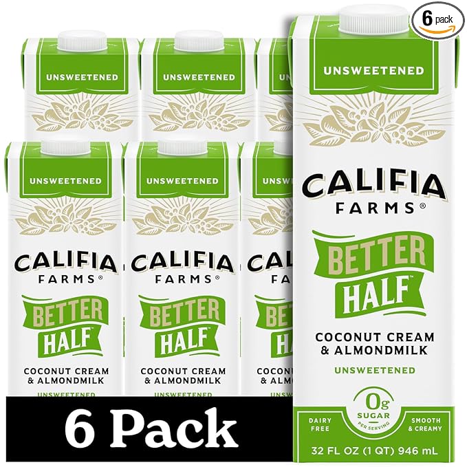 Califia Farms - Unsweetened Better Half, Half and Half Substitute, 32 Oz (Pack of 6), Almond Milk, Coconut Cream, Coffee Creamer, Keto, Shelf Stable, Dairy Free, Plant Based, Vegan