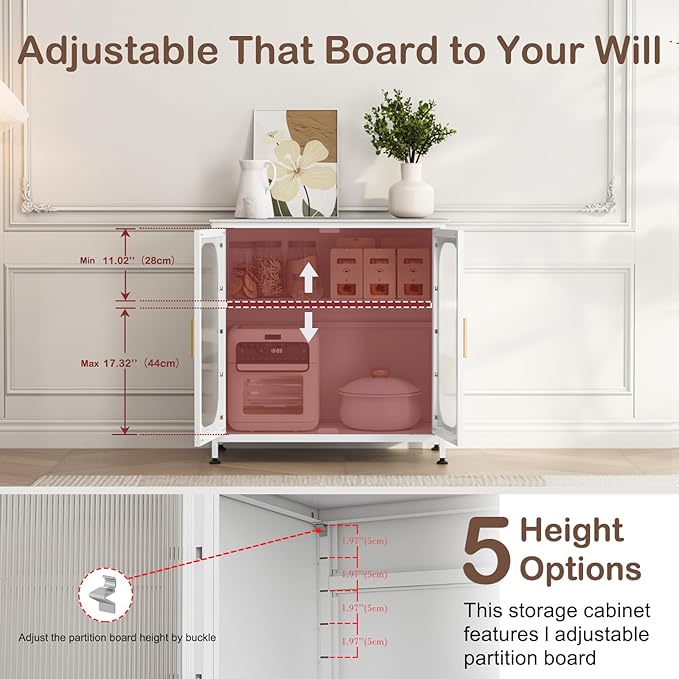 ZZL Sideboard Buffet Cabinet,Outdoor Storage Cabinet, 2 Doors, Metal,Adjustable Shelf,Sintered Stone Top(Scratch,Heat Resistant,Corrosion-Resistance) for Kitchen,Coffee Bar,Entryway(L 32.28''White)
