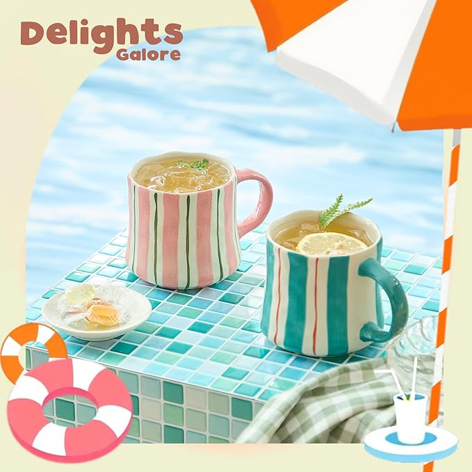 Striped Ceramic Coffee Mugs Set of 2, Pink and Green Stackable Stoneware Mugs for Morning Coffee, Tea & Cocoa, 12oz Dishwasher & Microwave Safe Mug Gift Set for Home & Office