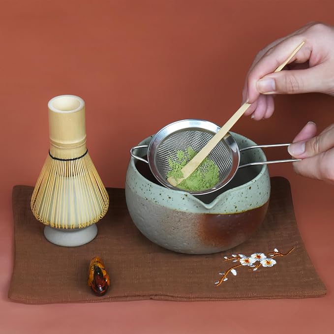 Artcome Matcha Tool Set– Bowl with Pouring Spout, Whisk, Whisk Holder, Tea Scoop, Matcha Strainer, Tea Spoop, Tea Scoop Holder, Tea Cloth – Traditional & Refined