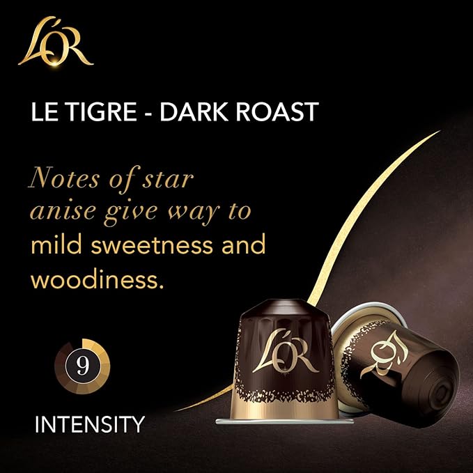 L'OR Coffee Pods, 30 Count Le Tigre Dark Roast Blend, Single-Serve Aluminum Coffee Capsules Compatible with the L'OR BARISTA System & *Nespresso Original Machines, 30 Count (Pack of 3)