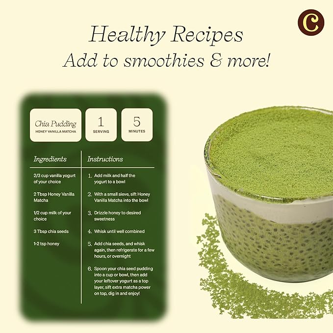 Clevr Organic Honey Vanilla Matcha SuperLatte, Instant Ceremonial Grade, Superfood Powder Blend, Oat Milk, Lions Mane, Reishi Mushroom, Coconut Cream, Ashwagandha, Serve Hot or Iced (14 Lattes)
