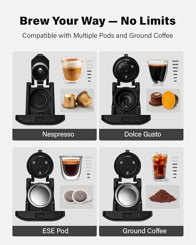 20 Bar Espresso Machine, Compatible with Nespresso Original & Dolce Gusto Capsules, Ground Coffee & ESE Pods, 47.3oz Tank, One-Touch Boil, Smart Controls, Drip Tray & Storage