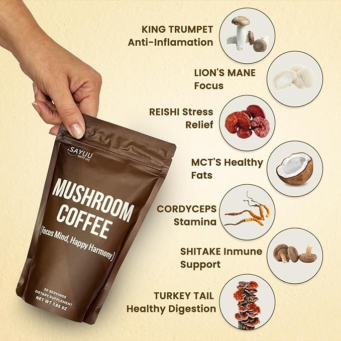 SAYUU Mushroom Coffee Blend – Focus, Energy & Harmony – Vegan, Functional Mushrooms, Cordyceps, Lion’s Mane & Reishi –Dietary Supplement - 30 Servings