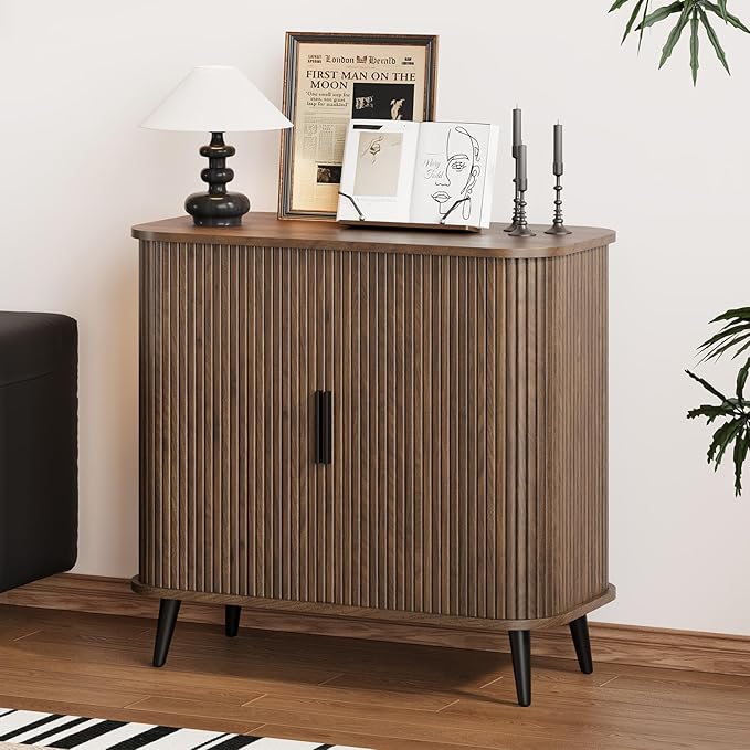 Accent Cabinet with Sliding Doors - Walnut Sideboard Buffet Cabinet with Storage for Coffee Bar, Console Table - MCM Design Bar Cabinets for Modern Home Décor
