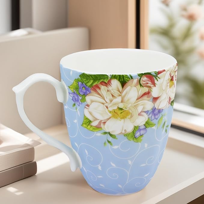 14oz Bone China Coffee Mugs for Women Floral Coffee Mug Tea Cups Novetly Coffee Cups Gift for Women Mom Friends