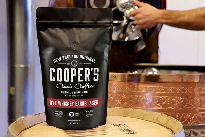 Rye Whiskey Barrel Aged Coffee, Medium Roast Ethiopian Beans Aged in Rye Whiskey Barrels,12 oz Bags, Ground