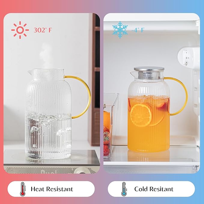 INSETLAN 68oz/2L Glass Pitcher with Lid and Spout, 2-Pack Ribbed Glass Jugs with Handle, Hot&Cold Water Pitcher for Iced Tea, Juice, Lemonade – Modern Carafe for Fridge or Table