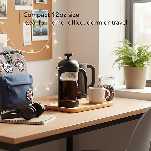 OVENTE French Press Coffee Maker 12 Ounce with Heat Resistant Borosilicate Glass & Stainless Steel 4-Level Filtration System, Portable Cold Brew Coffee Maker for Travel, Camping or Gift, Black FPB12B