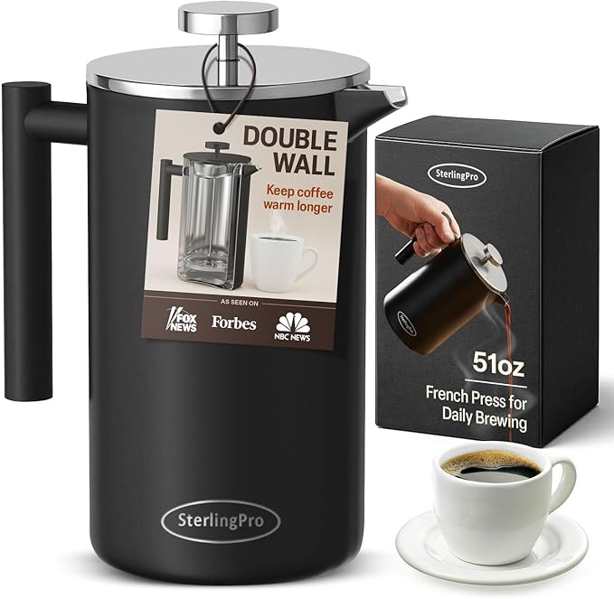 Stainless Steel French Press Coffee Maker Large 1.5 L(51 oz) Black – Durable Double Walled Insulated Coffee Press Keeps Drinks Hot, Easy to Use and Clean Stylish Design for Rich Flavor