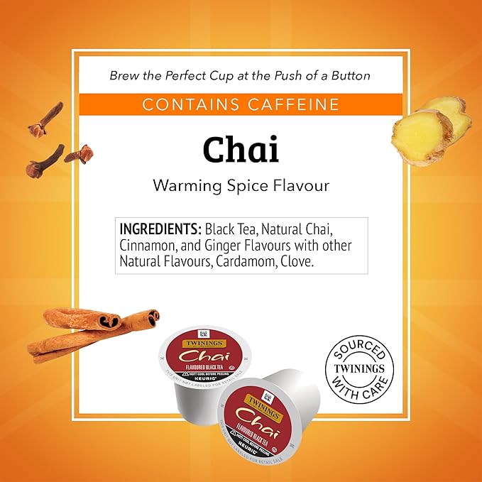 Twinings Chai Black Tea 72 K-Cup Pods for Keurig, 12 Count (Pack of 6), Naturally Sweet, Savoury Spice Flavour, Caffeinated, Enjoy Hot or Iced