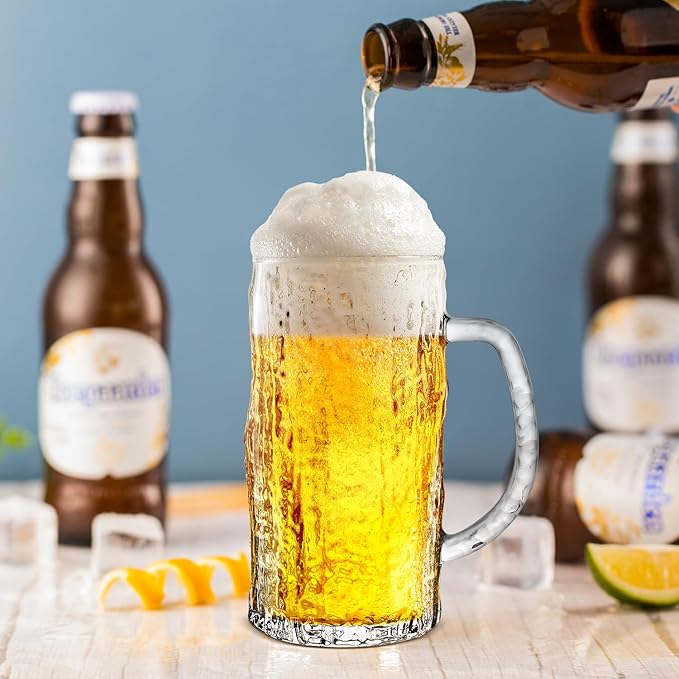 16.5oz Beer Mug, 4 Pack Glass Beer Mugs for Freezer, Clear Large Beer Steins with Handle, Gifts for Men