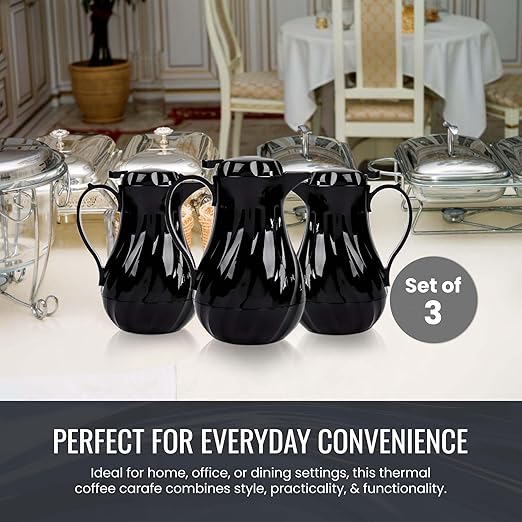 OCS Parts Set of 3 Easy Pour Thermal Coffee Carafes | 8-Inch Insulated Hot and Cold Beverage Pitcher Server for Coffee, Tea, Hot Chocolate and Water | 20-Ounce | Black