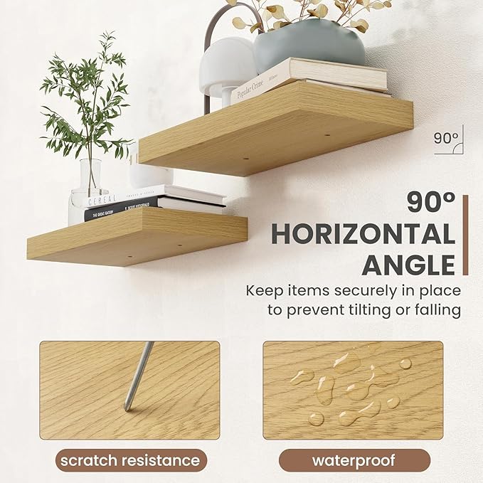 55 Inch Floating Shelves, 8 Inch Deep Floating Shelves for Wall, Hanging Shelf with Invisible Brackets, Deep Shelves for Bathroom, Bedroom, Living Room, Oak, Set of 1