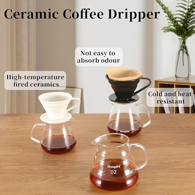 Mongdio Ceramic Pour Over Coffee Dripper, Reusable Porcelain Portable Pour Over Coffee Maker, Slow Brewing Accessories with 1 Holes for Home - Size 01 Black