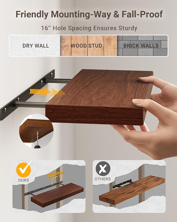 Walnut Floating Shelves, 2 Inch Thick Wooden Floating Shelves for Wall Mounted, 8 Inch Deep Shelves Over Toilet, 32"x8" Wall Shelves for Kitchen Living Room Bathroom, 50LBS Capacity, Set of 2
