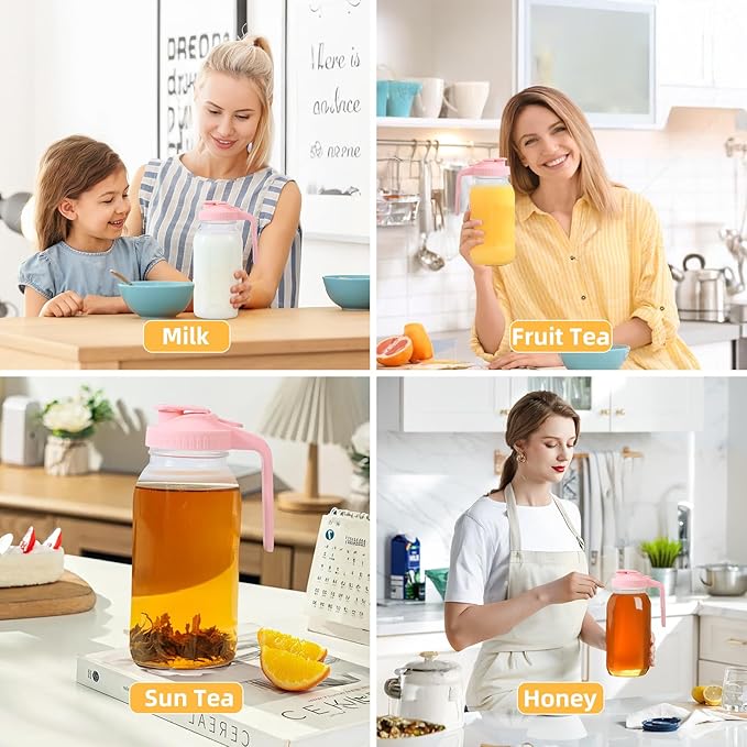Glass Mason Jar Pitcher - 64 oz/2 Quart Wide Mouth Jug with Lid and Pour Spout, Airtight Seal, Leak Proof Iced Tea Pitcher for Sun Tea, Juice, Breast Milk, Cold Beverages, Coffe