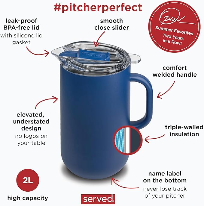 Served Premium Insulated Pitcher (2L/66oz) - Double Walled, Copper Lined Stainless Steel Pitcher with Lid - Vacuum Insulated Carafe for Hot Coffee, Tea, Iced Drinks, Water, Cocktails, and More