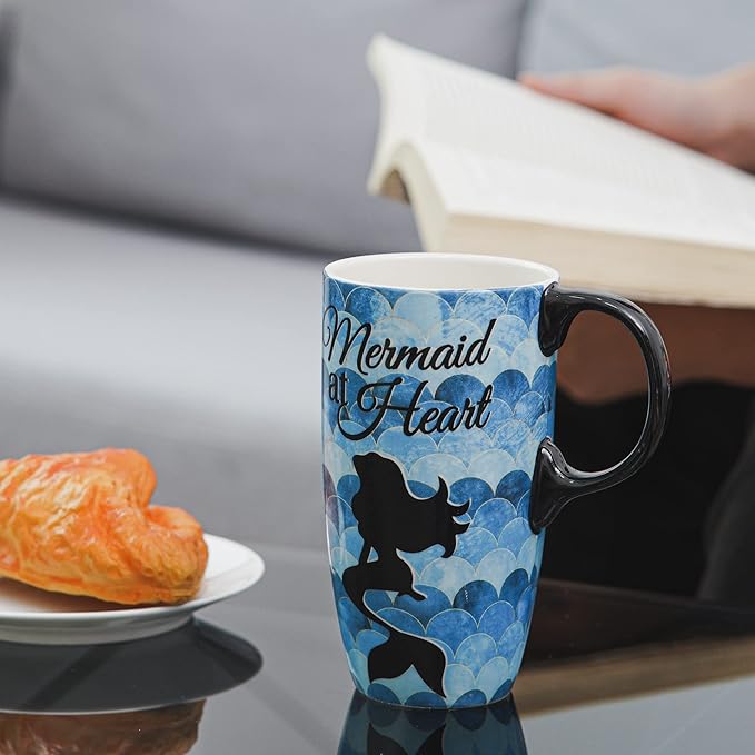 DUSVALLY Ceramic Coffee Mug Travel Cup Gift with Lid 17oz, Tea Cup with Handle for Latte, Cappuccino and Cocoa, Home and Office Porcelain Coffee Cups, Mermaid at Heart