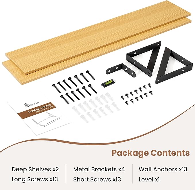 Axeman 40 Inch Floating Shelves | 8 Inch Deep Oak Wall Shelves Set of 2 | 39.4W x 8D Rustic Wood Shelves for Bookshelf Living Room Bedroom Home Office Bathroom