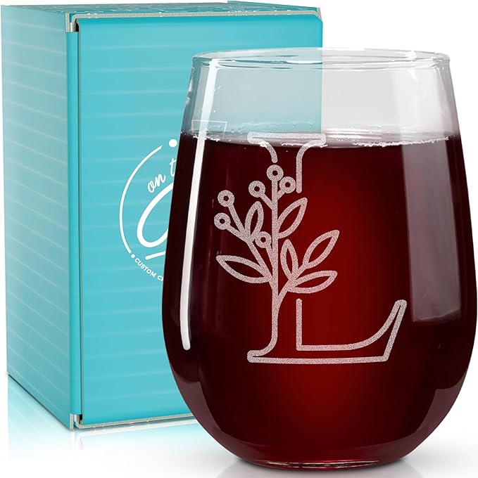 On The Rox Drinks Monogrammed Gifts For Women and Men - Letter A-Z Initial Engraved Monogram Stemless Wine Glass - 17 Oz Personalized Wine Gifts For Women and Men (L)