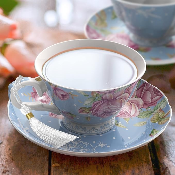 London Boutique Tea Cup and Saucer Set 1 Afternoon Tea Set New Bone China Vintage Flora Gift Box 200m (Blue)