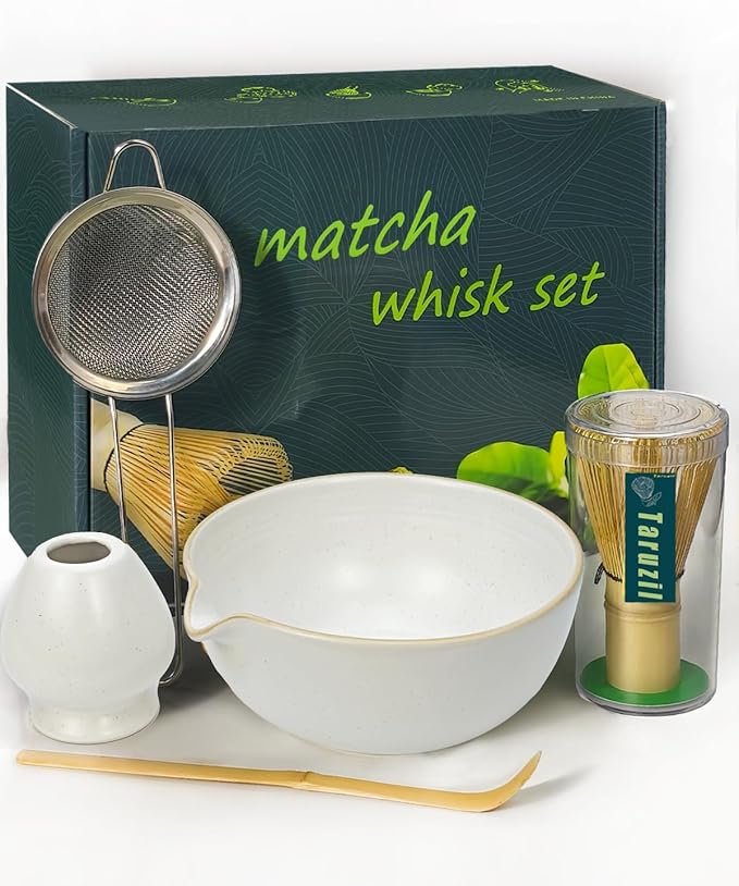 Matcha Whisk Set with Matcha Bowl, Matcha Bamboo Whisk, Scoop, Sifter, Matcha Set Holder Unique Gifts for Women Men Girl Friend Home Kitchen Decor Gifts for Christmas, Birthday(White)