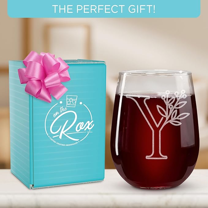On The Rox Drinks Monogrammed Gifts For Women and Men - Letter A-Z Initial Engraved Monogram Stemless Wine Glass - 17 Oz Personalized Wine Gifts For Women and Men (Y)
