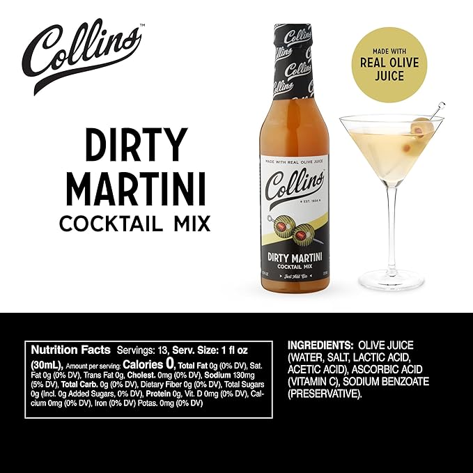 Collins Dirty Martini Mix, Dirty Martini Olive Brine, Olive Juice for Dirty Martinis, 12.7oz Cocktail Mixer Set of 1