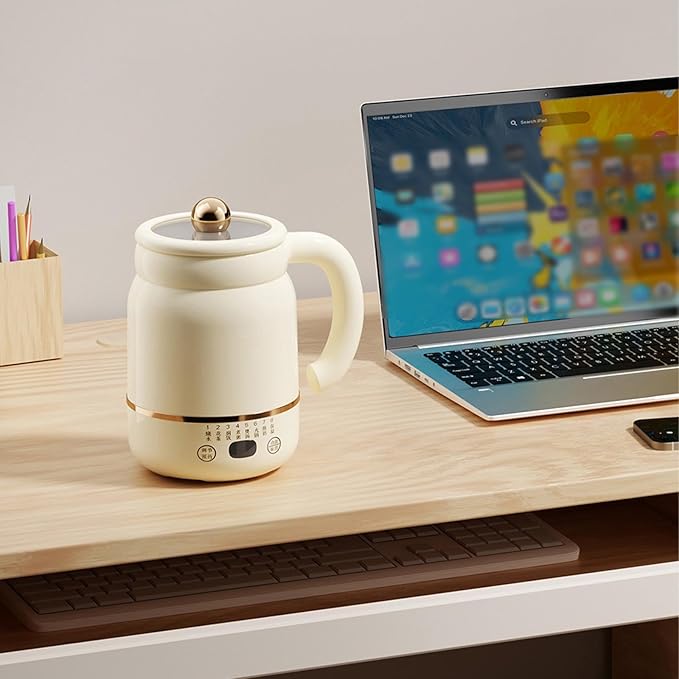 Multifunctional Portable Electric Cooking Mug, 900ml Big Electric Stew, Fast Boil Teapot, Fast Boil Teapot & 24H Keep-Warm, Prepare Herbal Tea, Porridge (White-Tea strainer)