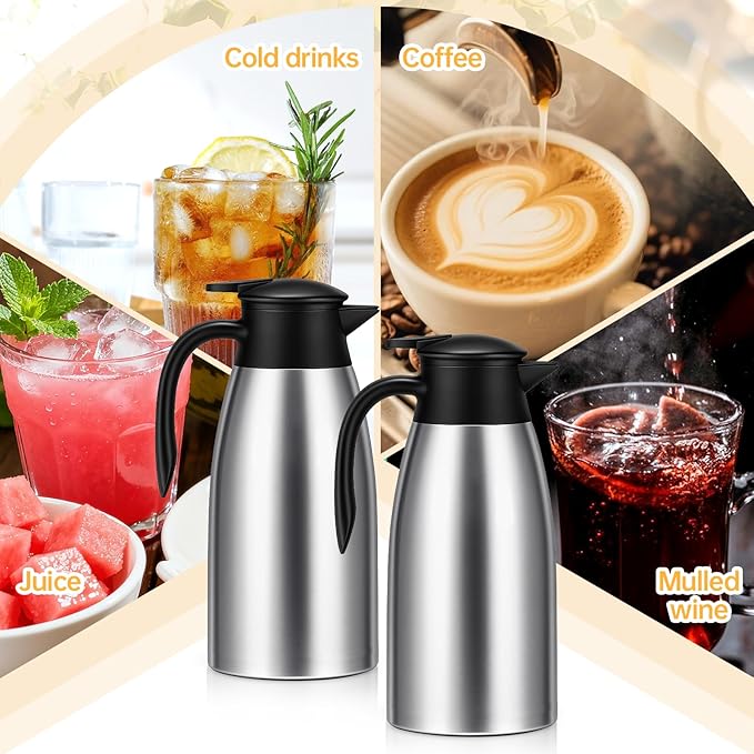 2 Pcs 68 OZ Thermal Coffee-Carafe Double Walled Vacuum Insulated Stainless Steel-Carafe Stainless Steel Coffees-Carafes with brushes for Keeping Hot Coffee-Tea Home and Office(Silver)