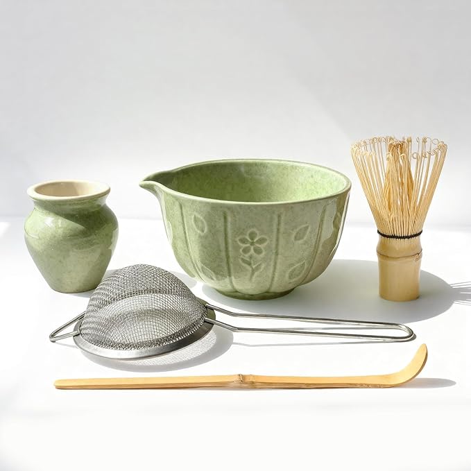 Matcha Whisk Set-5pcs, 16OZ Japanese Tea Set Includes Matcha Bowl with Spout, Bamboo Whisk with Ceramic Holder, Bamboo Scoop and Stainless Steel Sifter