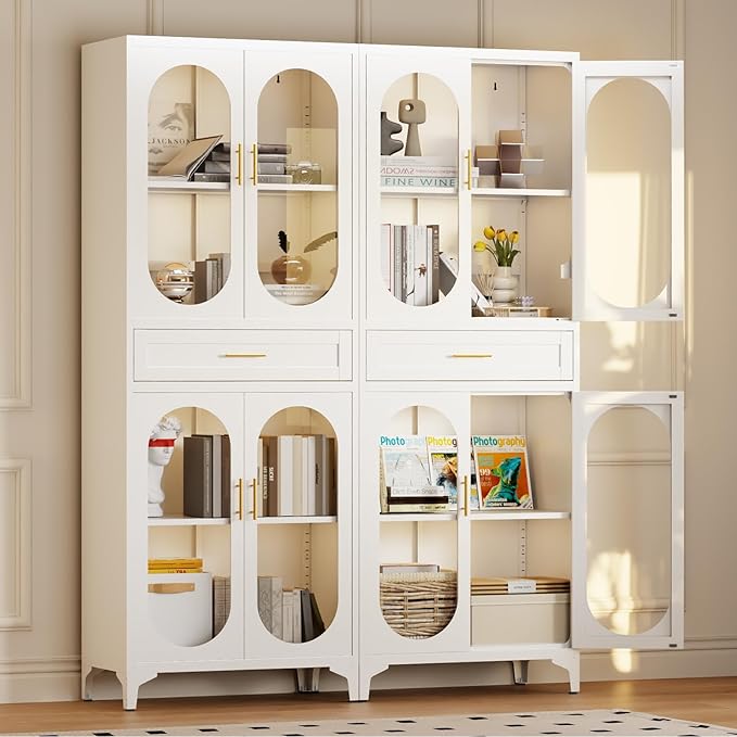 75" Tall Kitchen Pantry Cabinet,Metal Storage Cabinets with 4 Glass Doors and 1 Drawer,Freestanding Display Cupboard for Dining Room,Living Room,Hallway,Bathroom,White